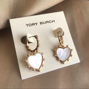 Tory Burch Huggie Heart Mother of Pearl Dangle Earrings